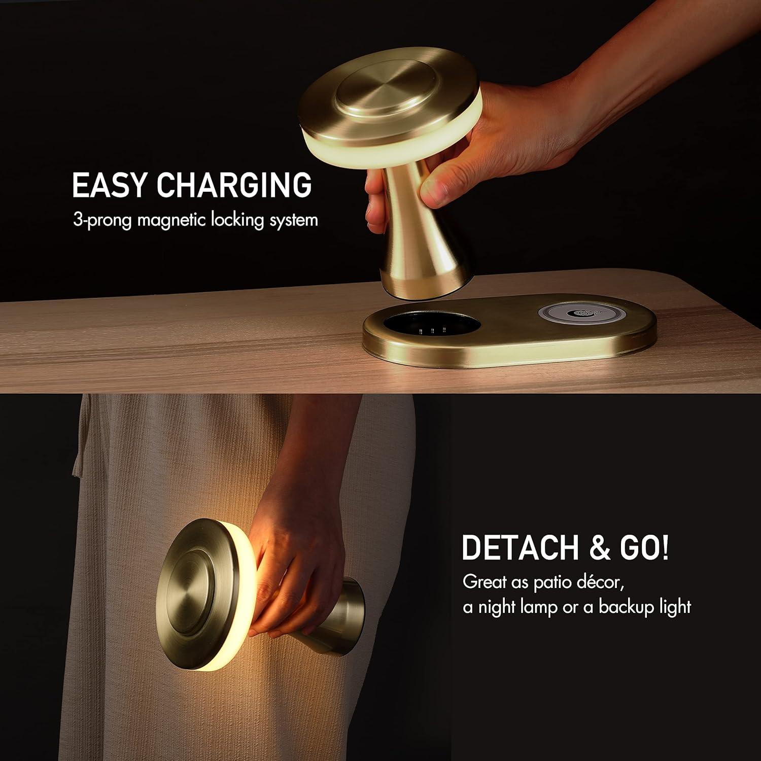 imageOBright  Portable LED Table Lamp with Wireless Charging Pad Dimmable and Rechargeable Night Lamp Ambient Light for PatioRestaurantNursery Bedside Nightstand Lamp Brushed NickelGold
