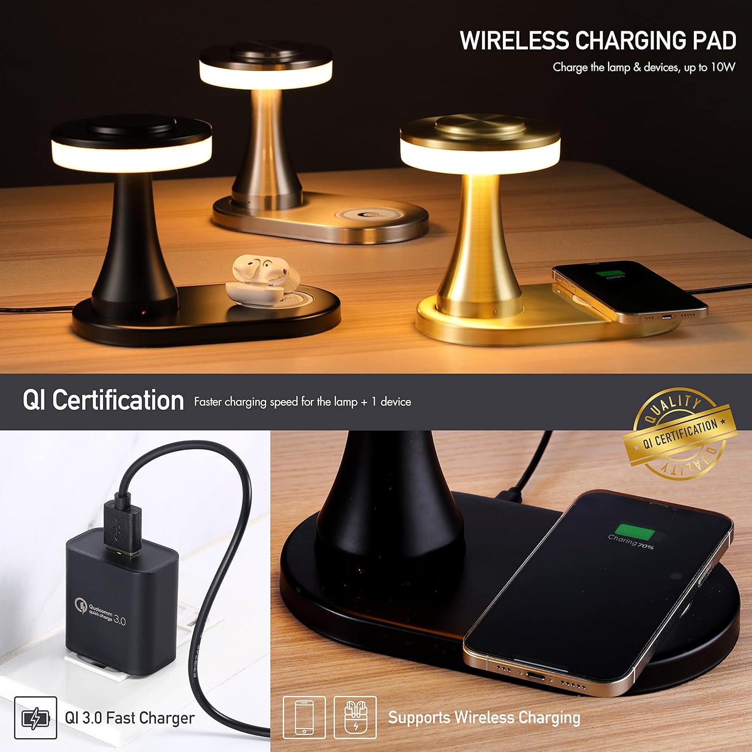 imageOBright  Portable LED Table Lamp with Wireless Charging Pad Dimmable and Rechargeable Night Lamp Ambient Light for PatioRestaurantNursery Bedside Nightstand Lamp Brushed NickelMatte Black