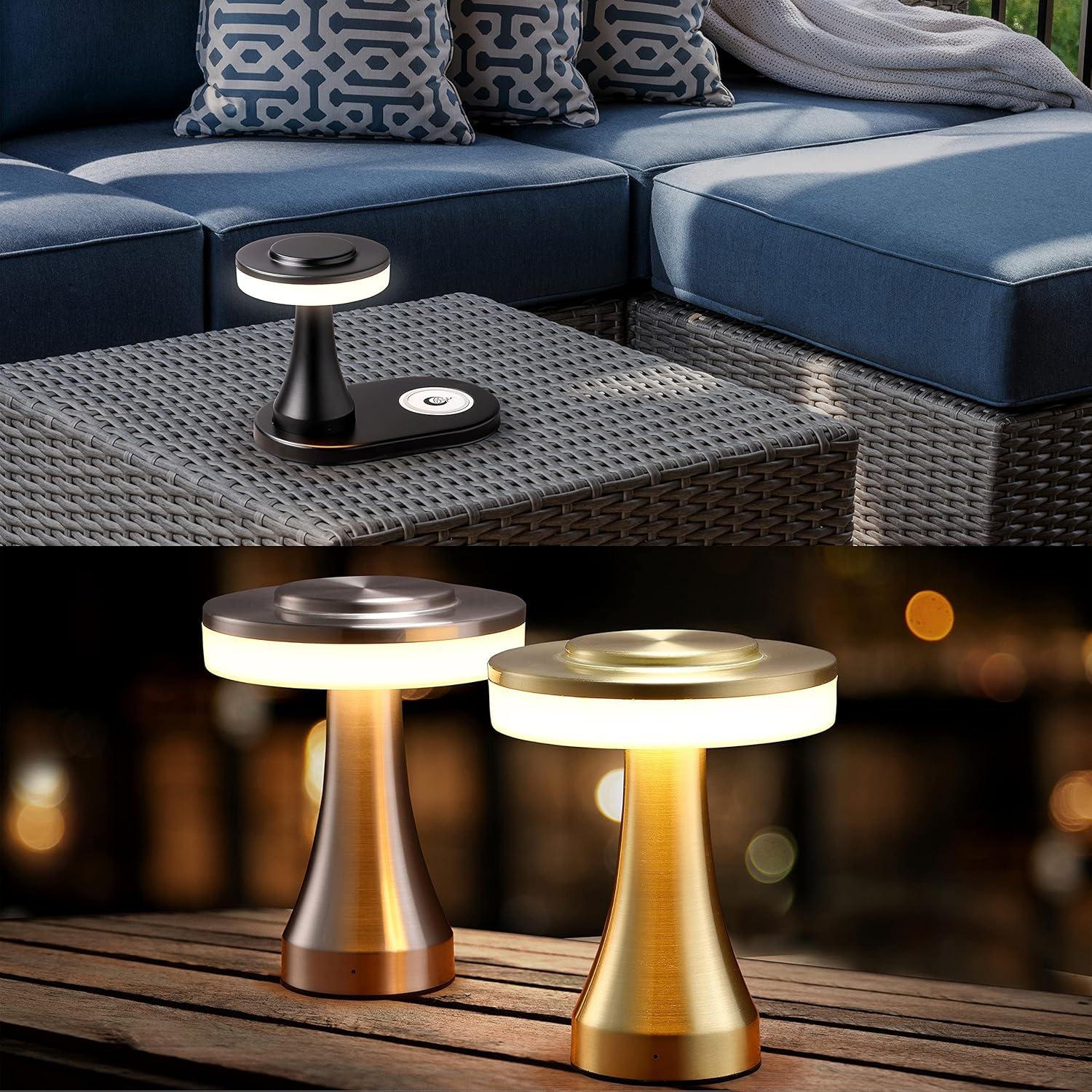 imageOBright  Portable LED Table Lamp with Wireless Charging Pad Dimmable and Rechargeable Night Lamp Ambient Light for PatioRestaurantNursery Bedside Nightstand Lamp Brushed NickelSilver