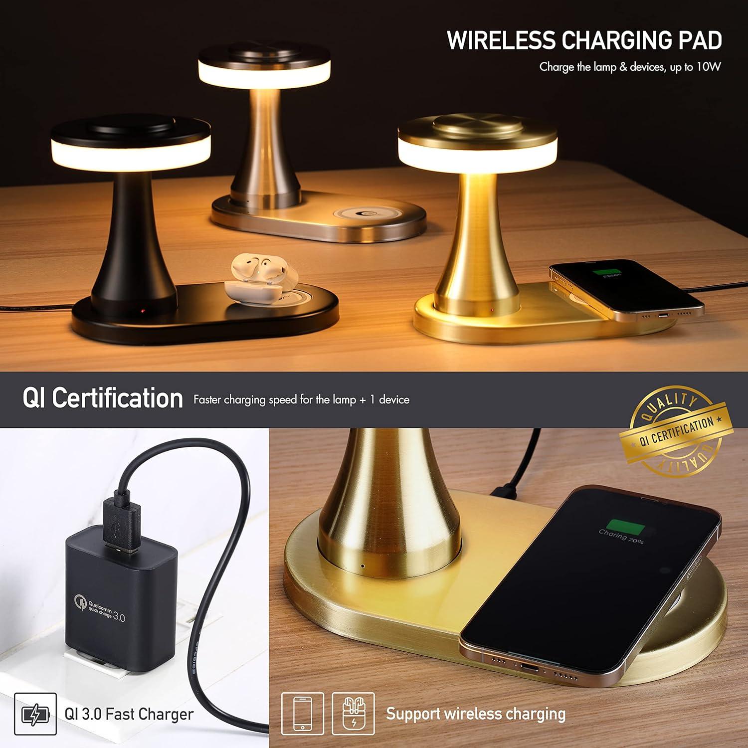imageOBright  Portable LED Table Lamp with Wireless Charging Pad Dimmable and Rechargeable Night Lamp Ambient Light for PatioRestaurantNursery Bedside Nightstand Lamp Brushed NickelGold