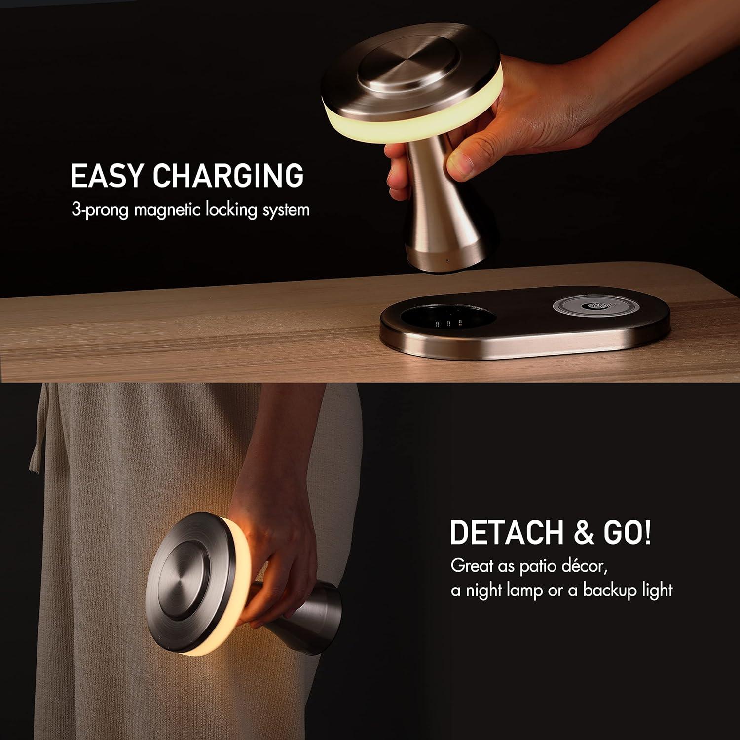 imageOBright  Portable LED Table Lamp with Wireless Charging Pad Dimmable and Rechargeable Night Lamp Ambient Light for PatioRestaurantNursery Bedside Nightstand Lamp Brushed NickelSilver