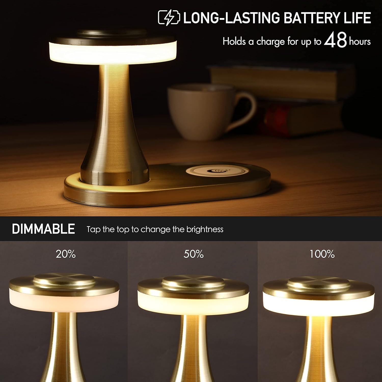 imageOBright  Portable LED Table Lamp with Wireless Charging Pad Dimmable and Rechargeable Night Lamp Ambient Light for PatioRestaurantNursery Bedside Nightstand Lamp Brushed NickelGold