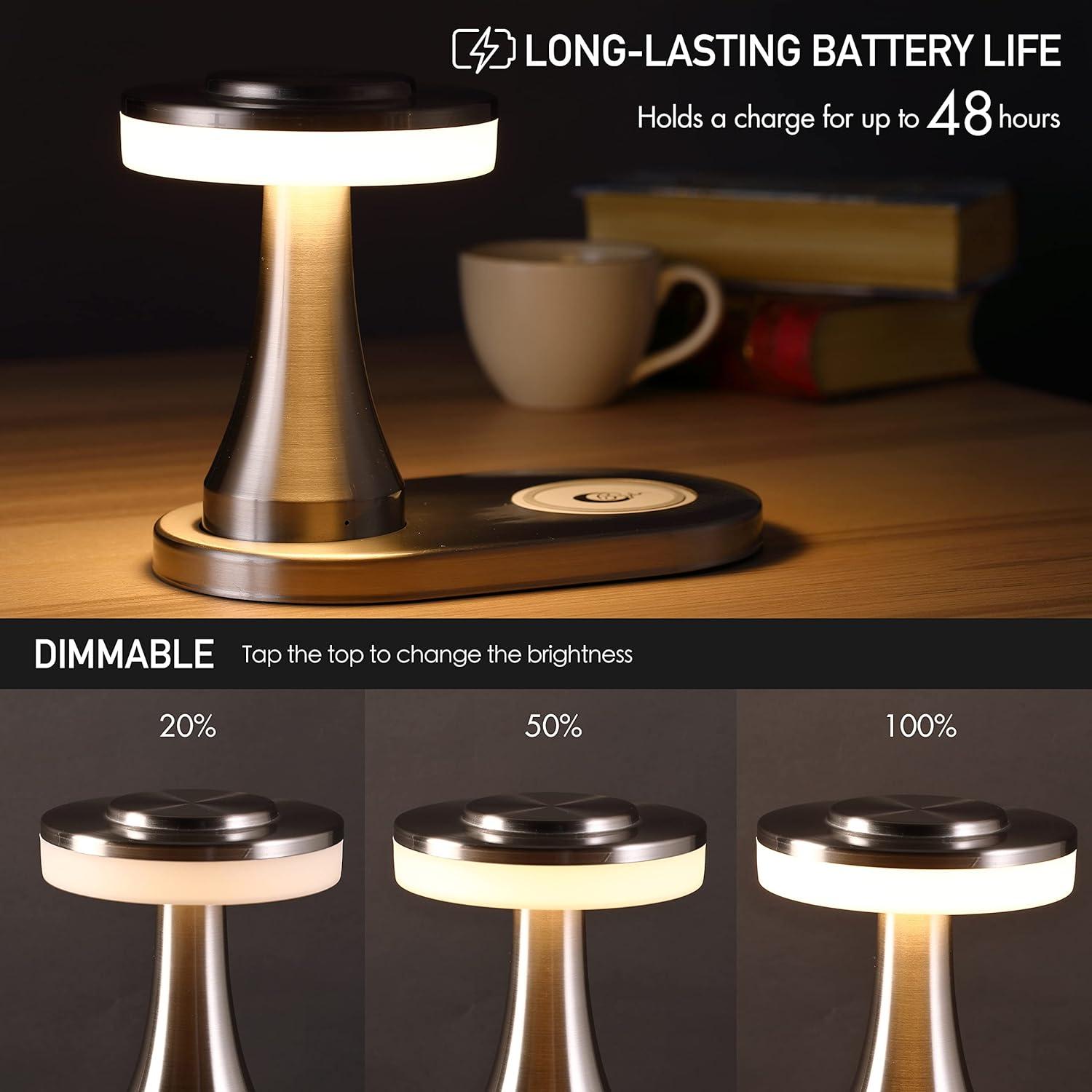 imageOBright  Portable LED Table Lamp with Wireless Charging Pad Dimmable and Rechargeable Night Lamp Ambient Light for PatioRestaurantNursery Bedside Nightstand Lamp Brushed NickelSilver