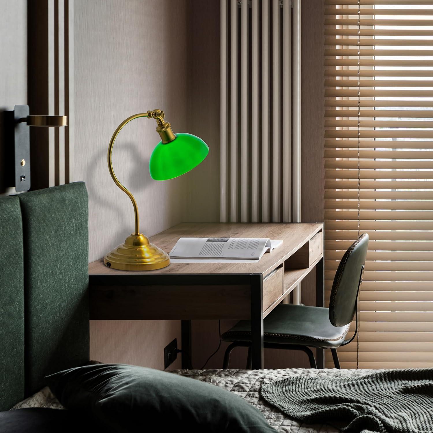 imageOBright Bankers  Cordless LED Table Lamp BatteryOperated Rechargeable 3Level Dimming Universal USBC Charging 180 Swivel Head Luxury Metal Shade Antique BrassAntique BrassGreen Glass