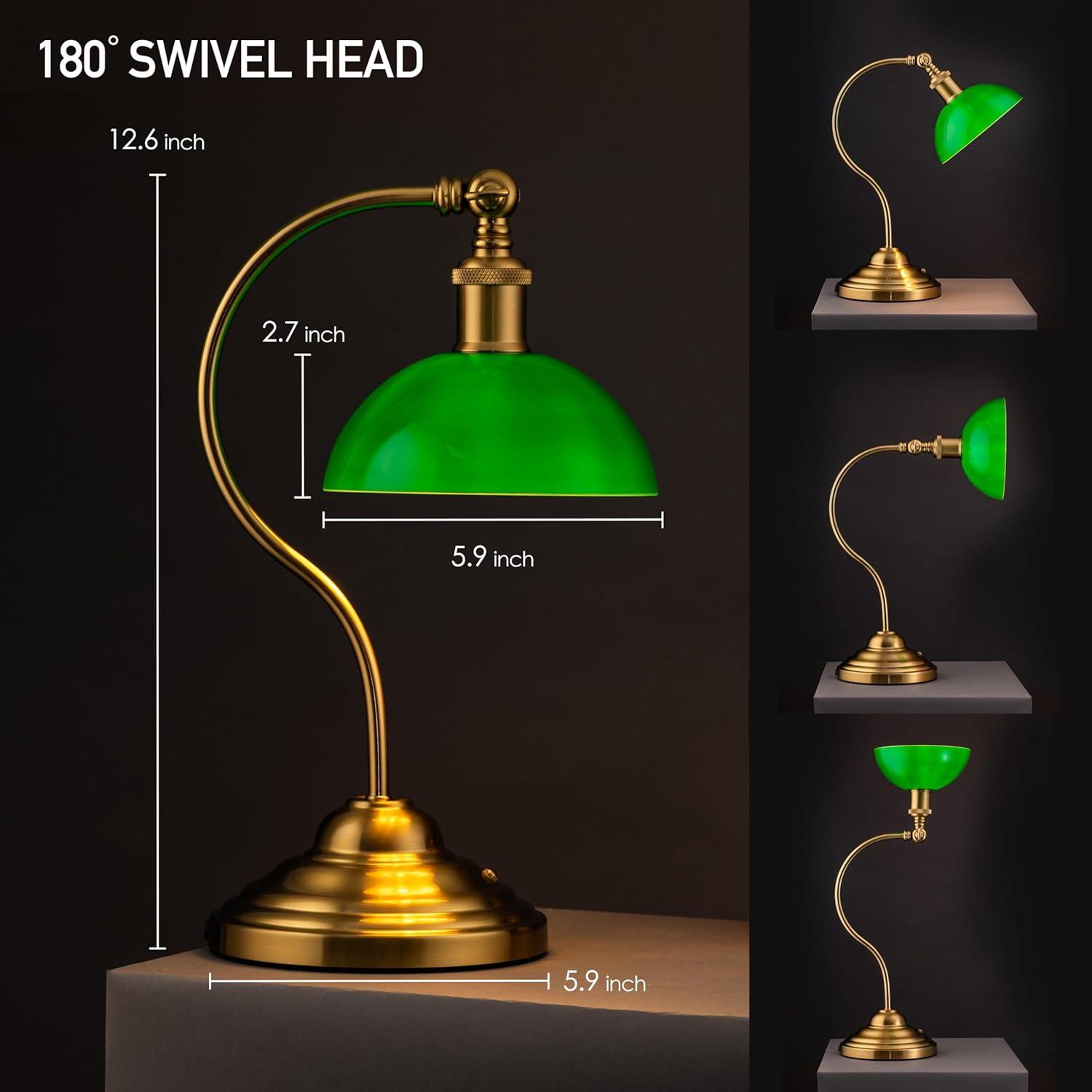 imageOBright Bankers  Cordless LED Table Lamp BatteryOperated Rechargeable 3Level Dimming Universal USBC Charging 180 Swivel Head Luxury Metal Shade Antique BrassAntique BrassGreen Glass