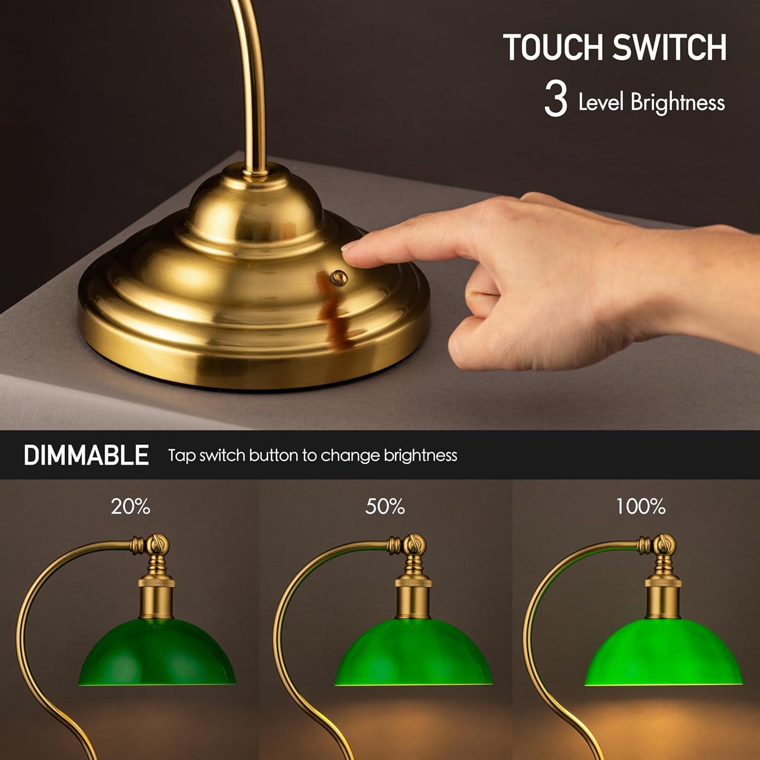 imageOBright Bankers  Cordless LED Table Lamp BatteryOperated Rechargeable 3Level Dimming Universal USBC Charging 180 Swivel Head Luxury Metal Shade Antique BrassAntique BrassGreen Glass