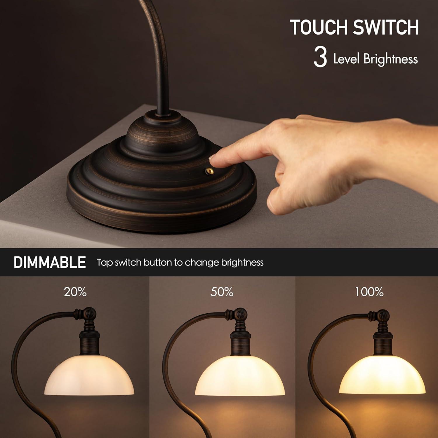 imageOBright Bankers  Cordless LED Table Lamp BatteryOperated Rechargeable 3Level Dimming Universal USBC Charging 180 Swivel Head Luxury Metal Shade Antique BrassOil Rubbed BronzeWhite Glass