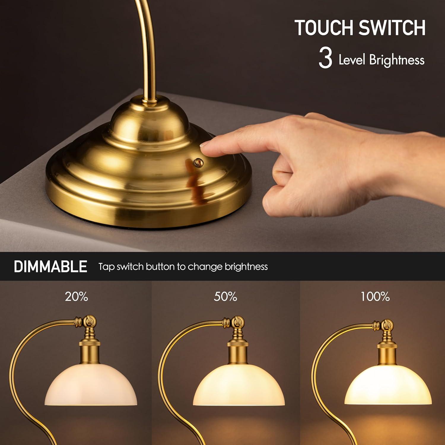 imageOBright Bankers  Cordless LED Table Lamp BatteryOperated Rechargeable 3Level Dimming Universal USBC Charging 180 Swivel Head Luxury Metal Shade Antique BrassAntique BrassWhite Glass