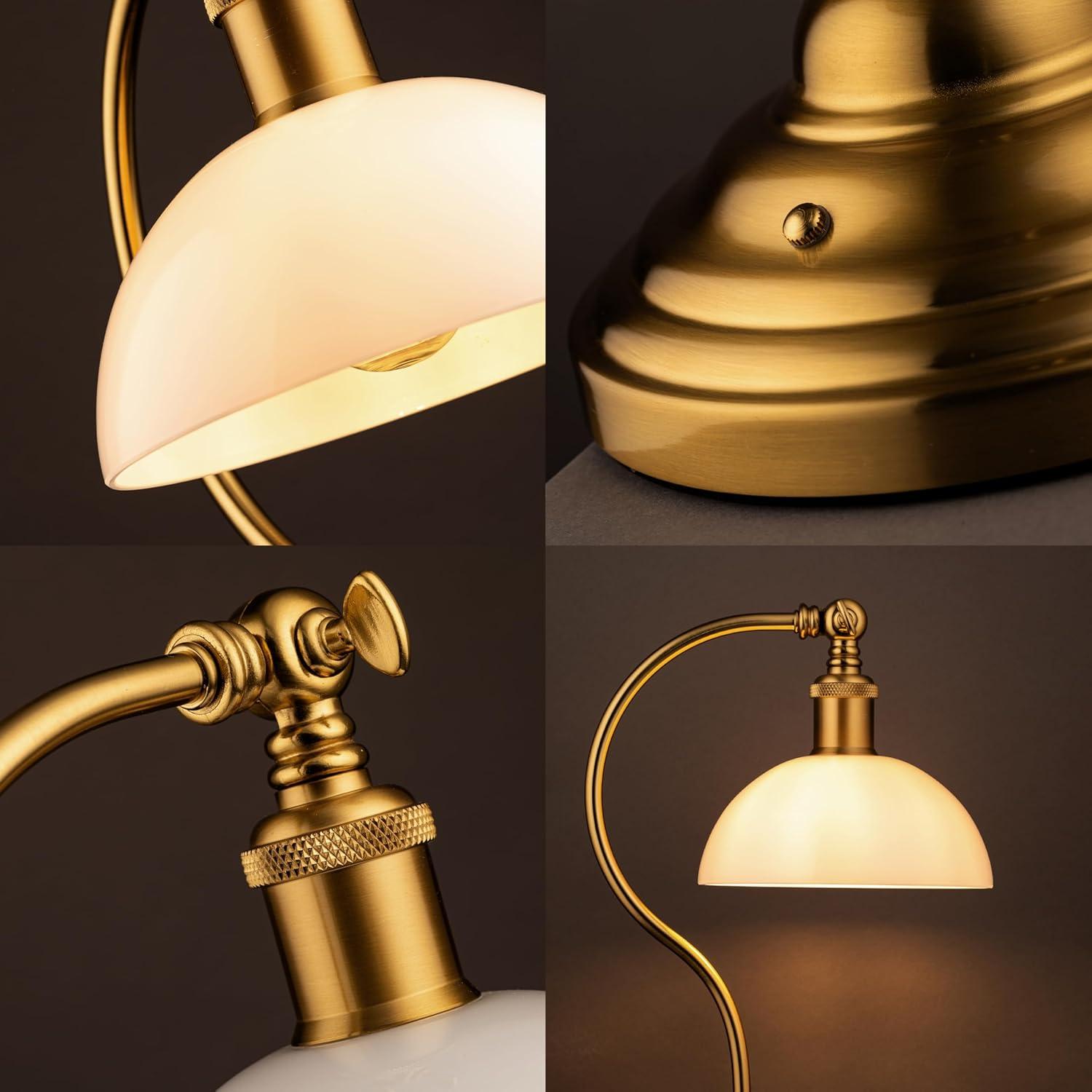imageOBright Bankers  Cordless LED Table Lamp BatteryOperated Rechargeable 3Level Dimming Universal USBC Charging 180 Swivel Head Luxury Metal Shade Antique BrassAntique BrassWhite Glass