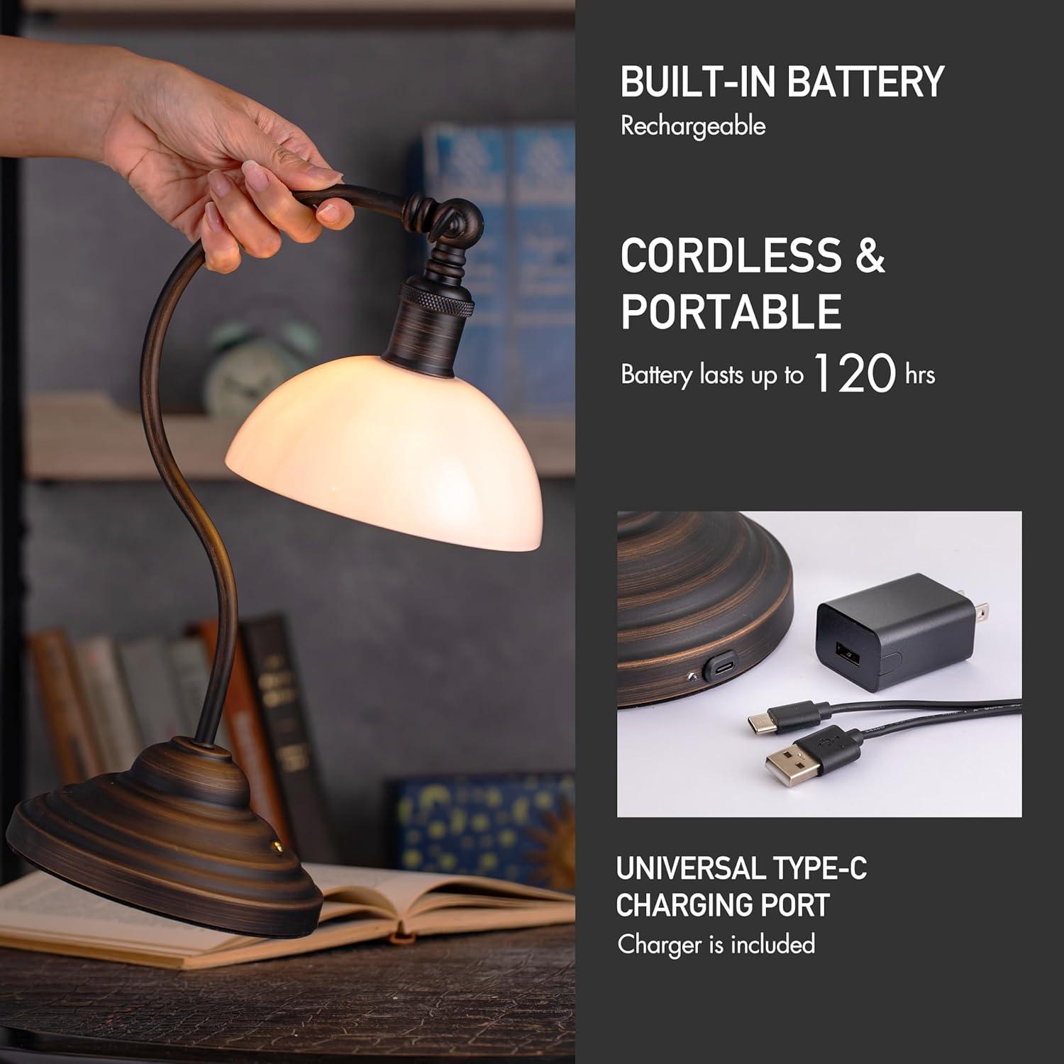 imageOBright Bankers  Cordless LED Table Lamp BatteryOperated Rechargeable 3Level Dimming Universal USBC Charging 180 Swivel Head Luxury Metal Shade Antique BrassOil Rubbed BronzeWhite Glass