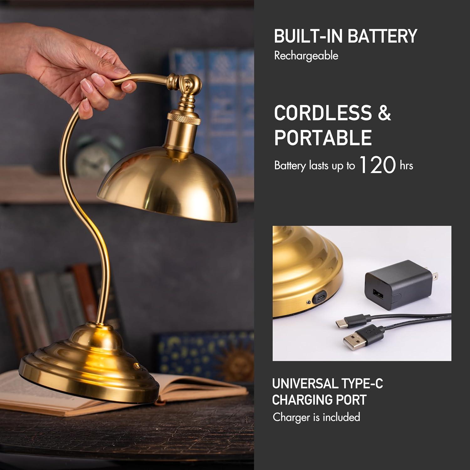 imageOBright Bankers  Cordless LED Table Lamp BatteryOperated Rechargeable 3Level Dimming Universal USBC Charging 180 Swivel Head Luxury Metal Shade Antique BrassAntique Brass
