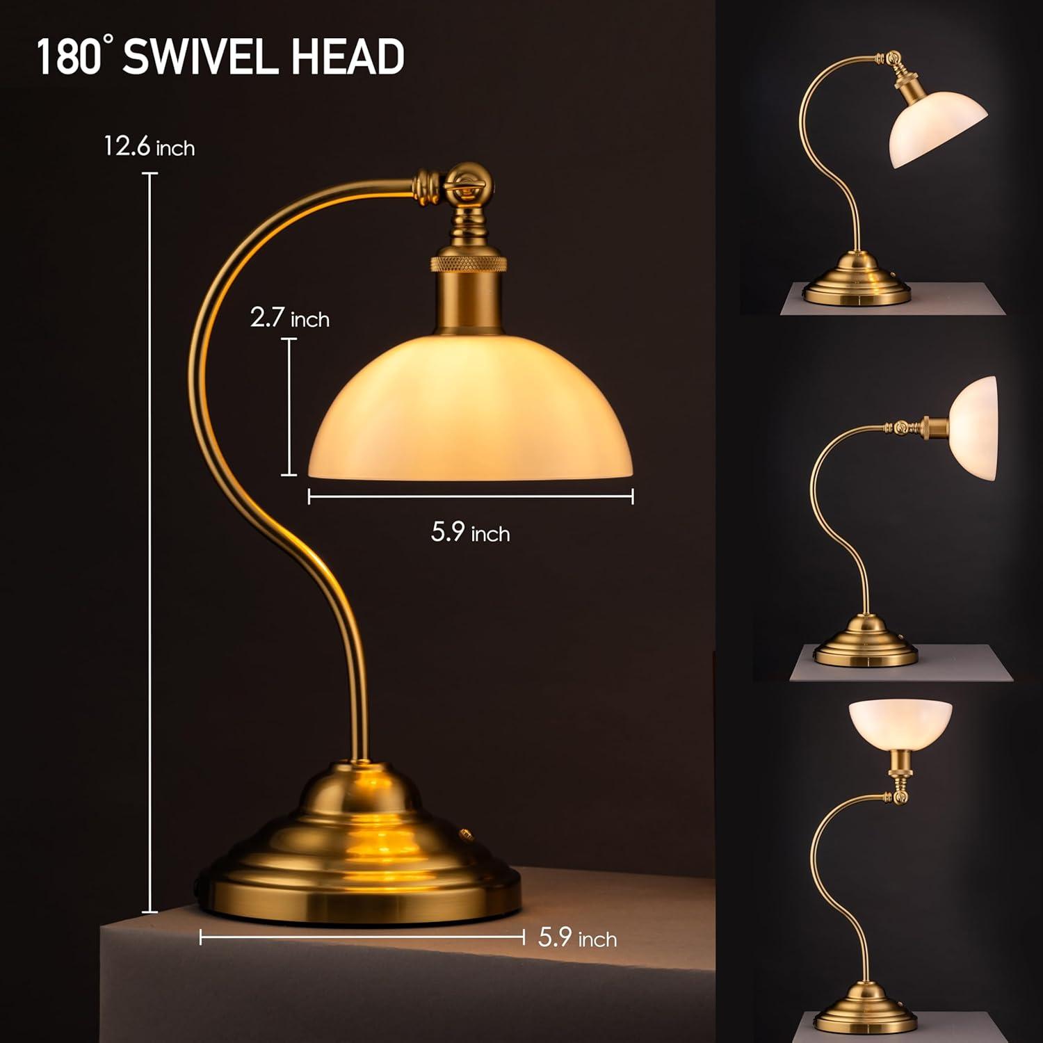 imageOBright Bankers  Cordless LED Table Lamp BatteryOperated Rechargeable 3Level Dimming Universal USBC Charging 180 Swivel Head Luxury Metal Shade Antique BrassAntique BrassWhite Glass