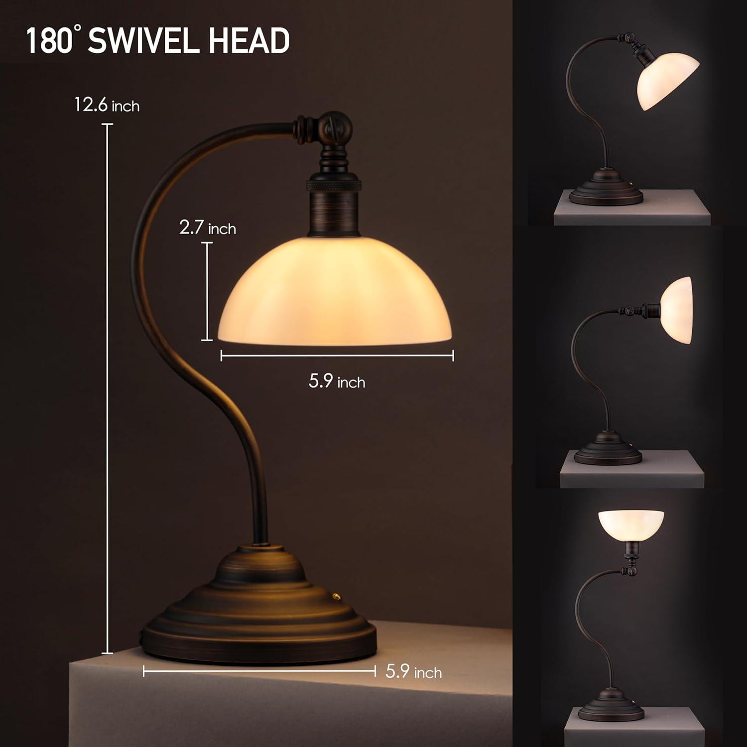 imageOBright Bankers  Cordless LED Table Lamp BatteryOperated Rechargeable 3Level Dimming Universal USBC Charging 180 Swivel Head Luxury Metal Shade Antique BrassOil Rubbed BronzeWhite Glass