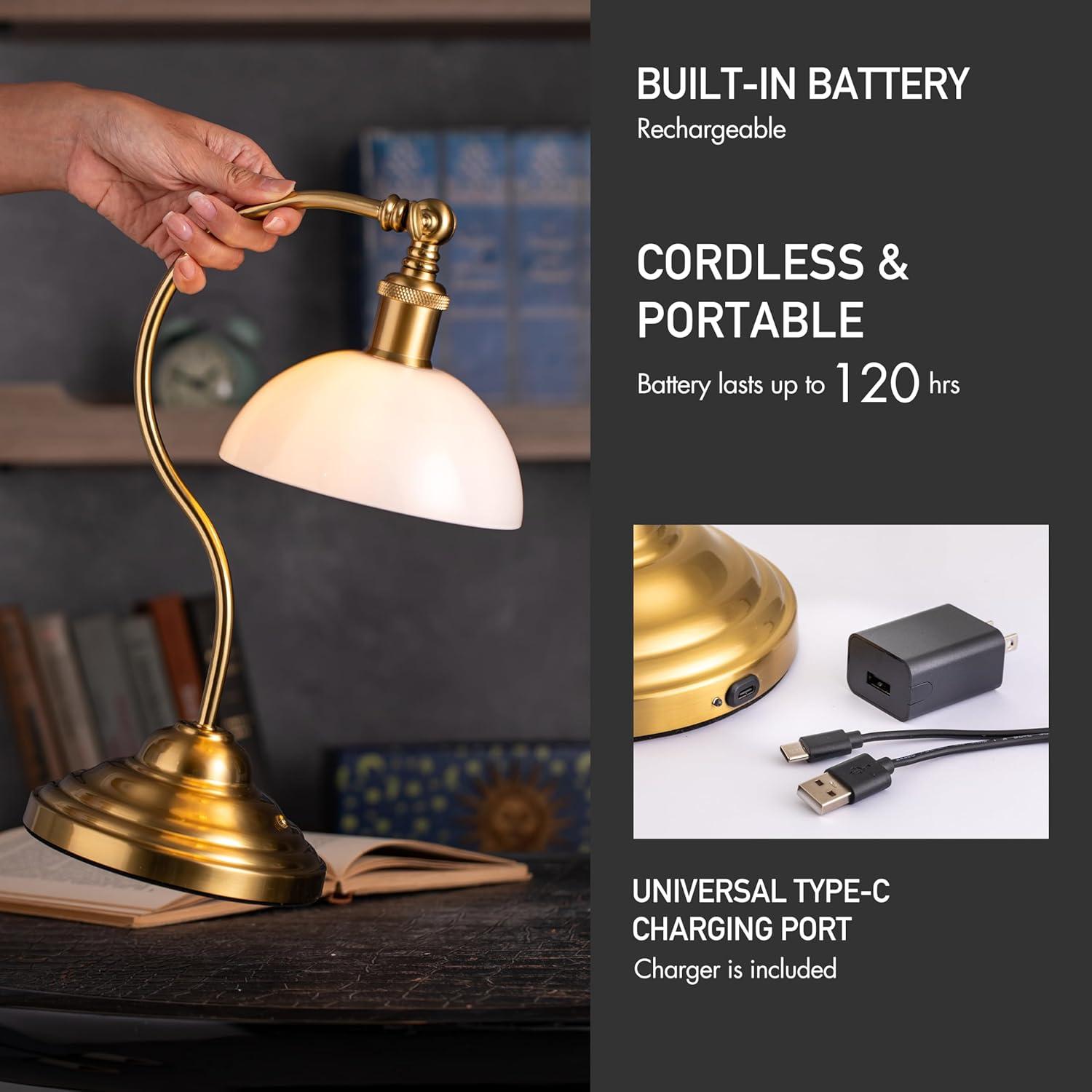 imageOBright Bankers  Cordless LED Table Lamp BatteryOperated Rechargeable 3Level Dimming Universal USBC Charging 180 Swivel Head Luxury Metal Shade Antique BrassAntique BrassWhite Glass