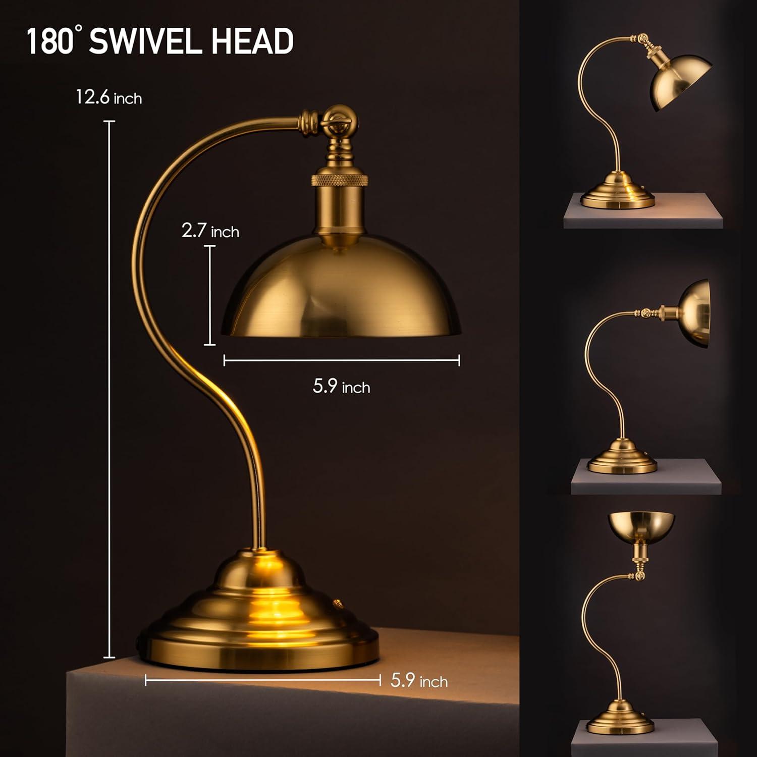imageOBright Bankers  Cordless LED Table Lamp BatteryOperated Rechargeable 3Level Dimming Universal USBC Charging 180 Swivel Head Luxury Metal Shade Antique BrassAntique Brass