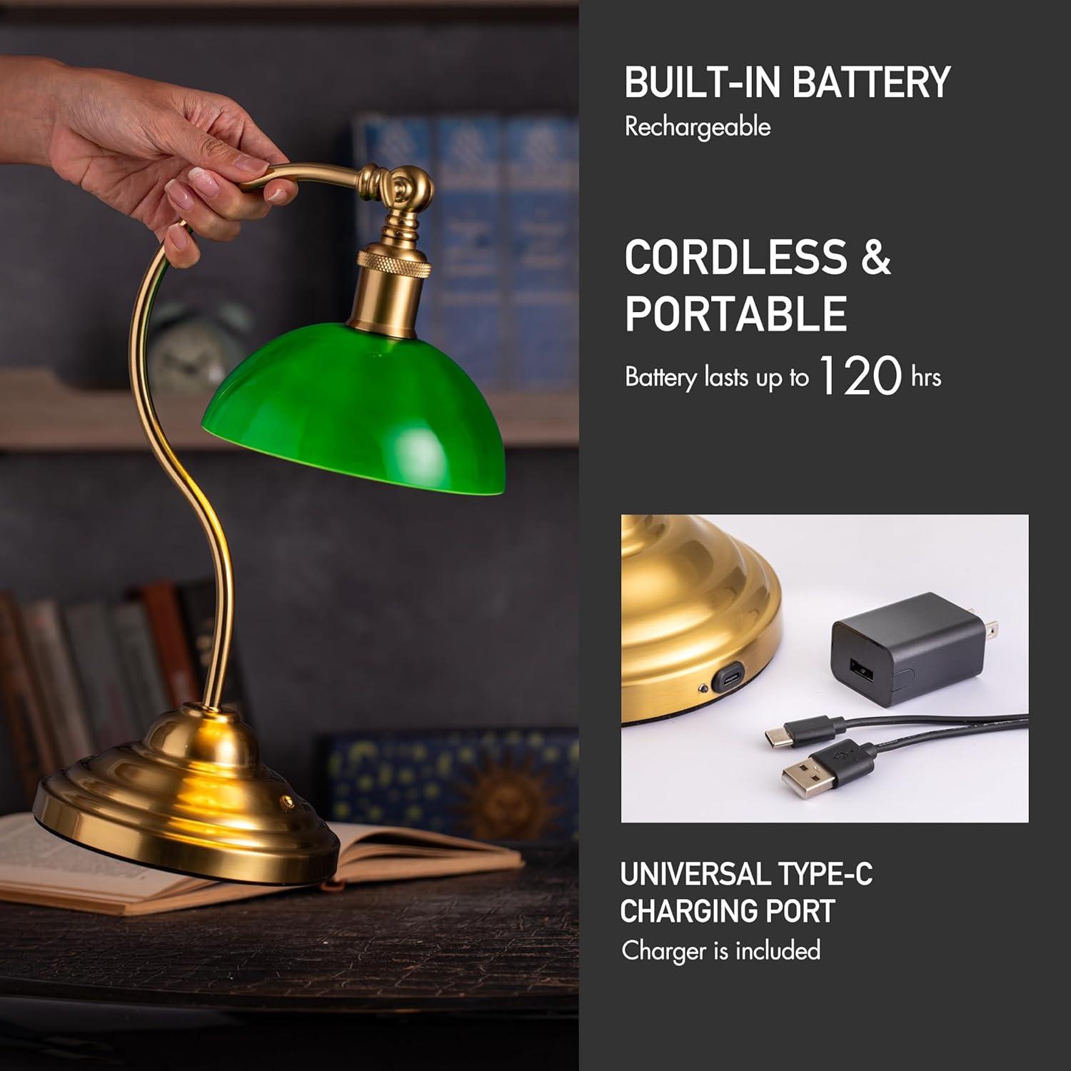 imageOBright Bankers  Cordless LED Table Lamp BatteryOperated Rechargeable 3Level Dimming Universal USBC Charging 180 Swivel Head Luxury Metal Shade Antique BrassAntique BrassGreen Glass