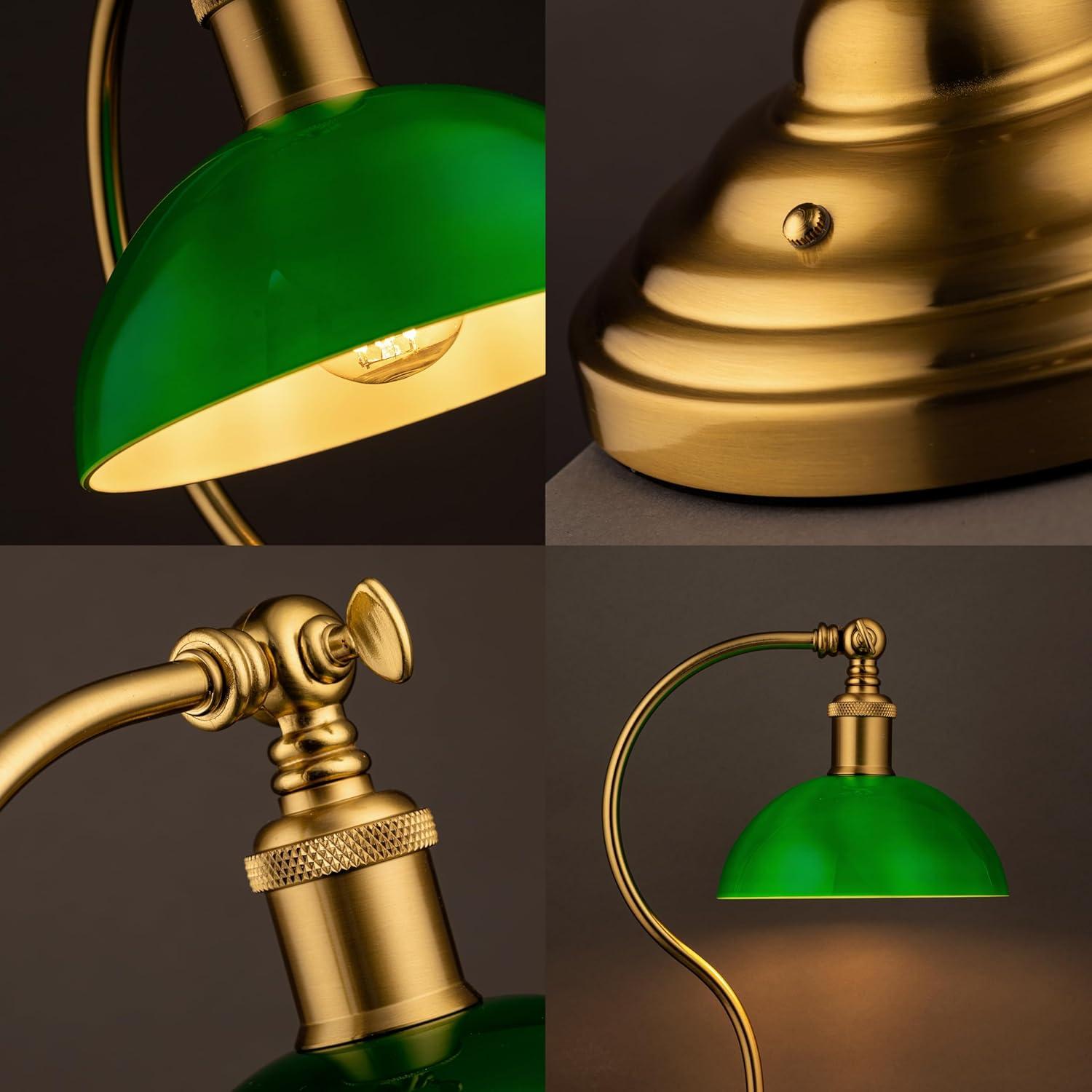 imageOBright Bankers  Cordless LED Table Lamp BatteryOperated Rechargeable 3Level Dimming Universal USBC Charging 180 Swivel Head Luxury Metal Shade Antique BrassAntique BrassGreen Glass