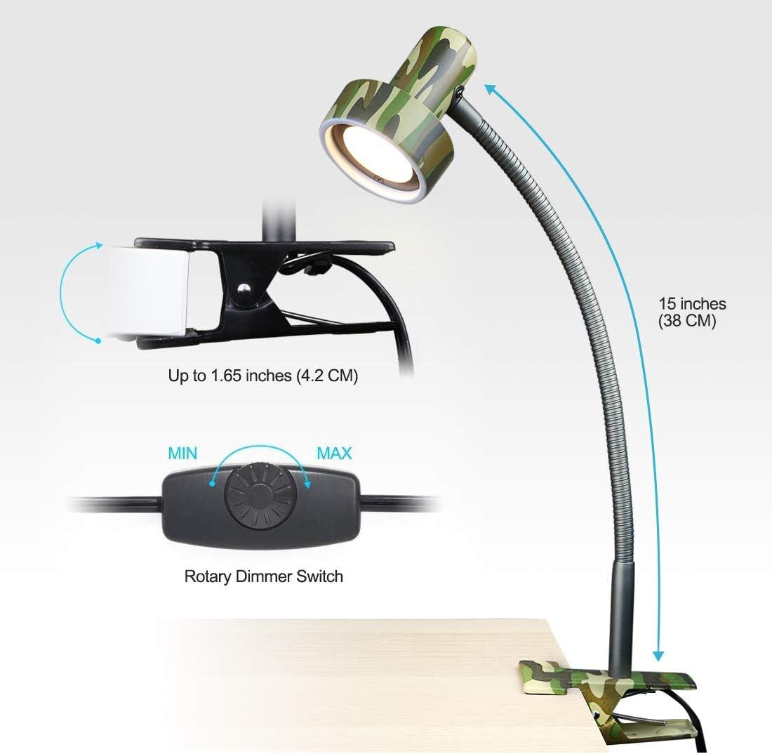imageOBright LED Clip on Light for Bed HeadboardDesk Dimmable LED Desk Lamp with Metal Clamp 5W LED Flexible Gooseneck Adjustable Brightness for EyeCare Reading Vintage Design Camouflage