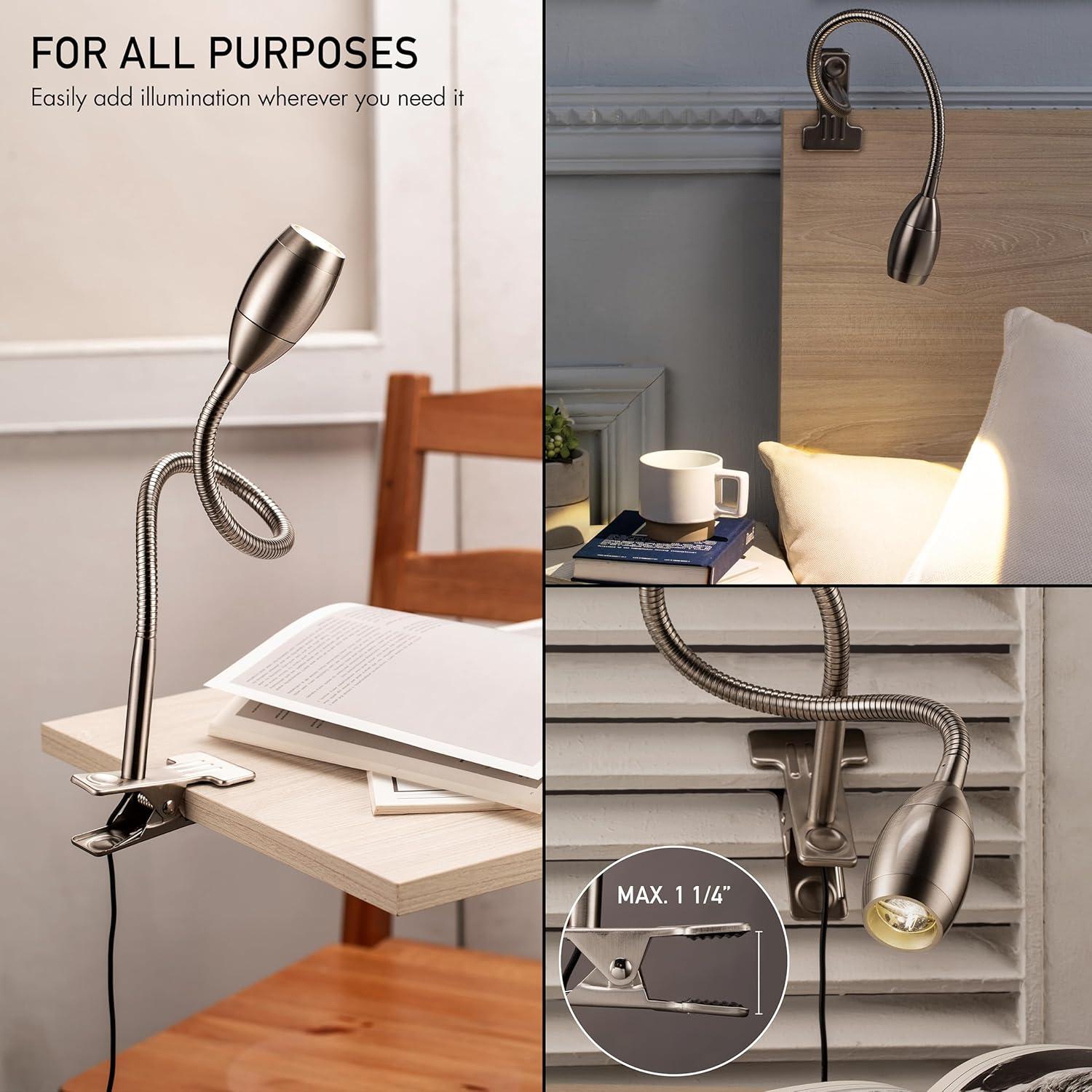 imageOBright Lumos  Versatile Clipon Lamp Zoomable Spotlight Dimmable LED Flexible Gooseneck 4000K Light 100 Metal Clamp  Ideal for Reading Crafting Work and Headboards Antique BrassBrushed Nickel