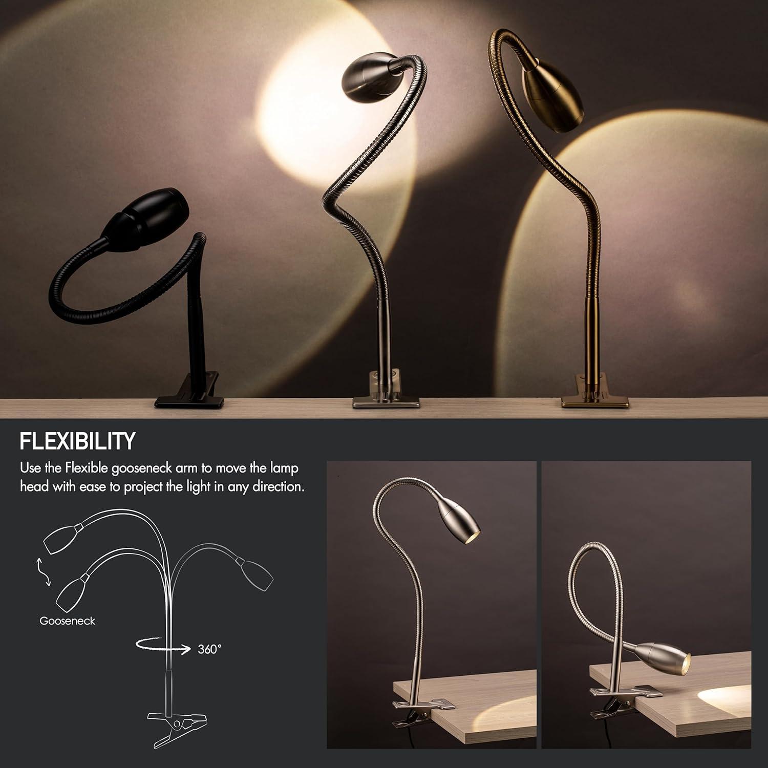 imageOBright Lumos  Versatile Clipon Lamp Zoomable Spotlight Dimmable LED Flexible Gooseneck 4000K Light 100 Metal Clamp  Ideal for Reading Crafting Work and Headboards Antique BrassBrushed Nickel