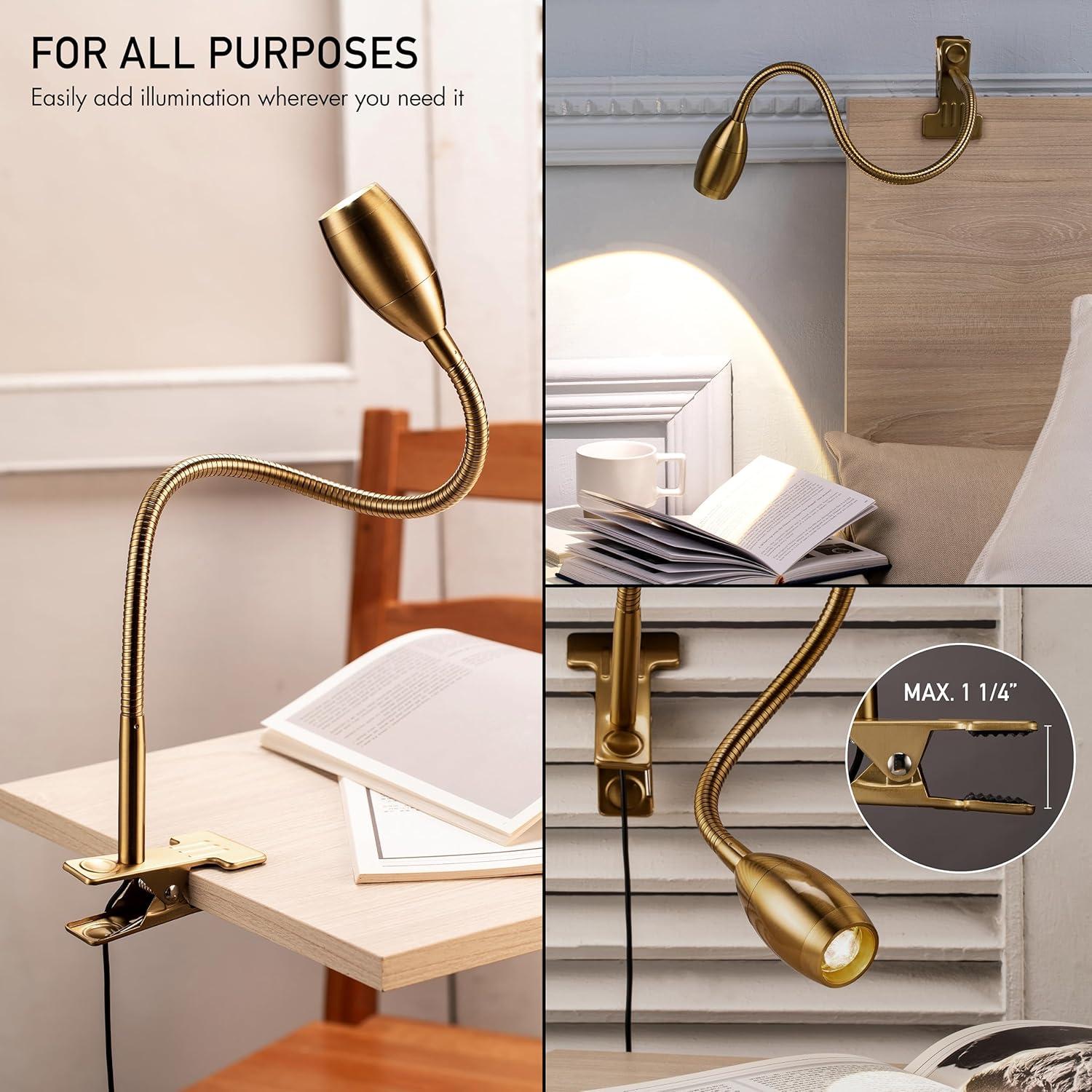 imageOBright Lumos  Versatile Clipon Lamp Zoomable Spotlight Dimmable LED Flexible Gooseneck 4000K Light 100 Metal Clamp  Ideal for Reading Crafting Work and Headboards Antique BrassAntique Brass